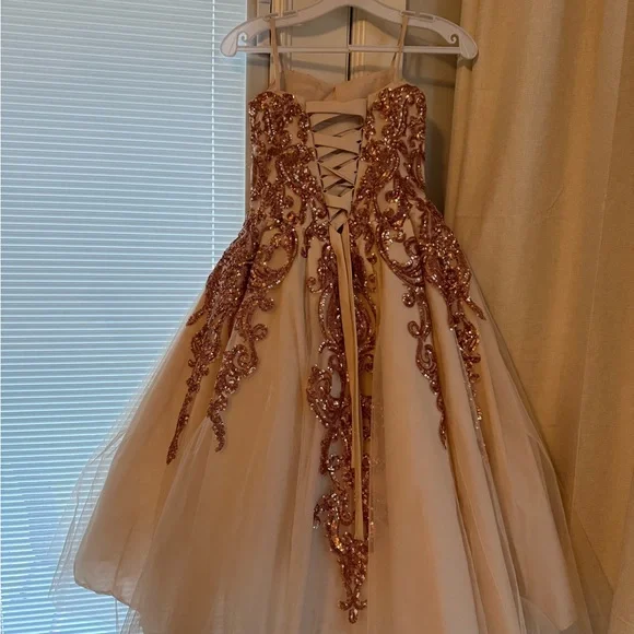 Dancing Queen Sequin Embellished Girls Dress in Cream and Rose Gold